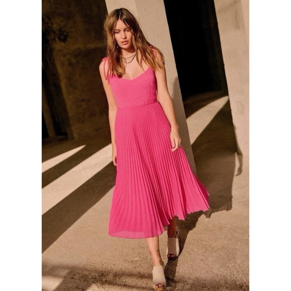 Sézane Nissa Pleated Midi Dress EU 44 US 12 Pink Tie Strap Fit Flare Bright Pink